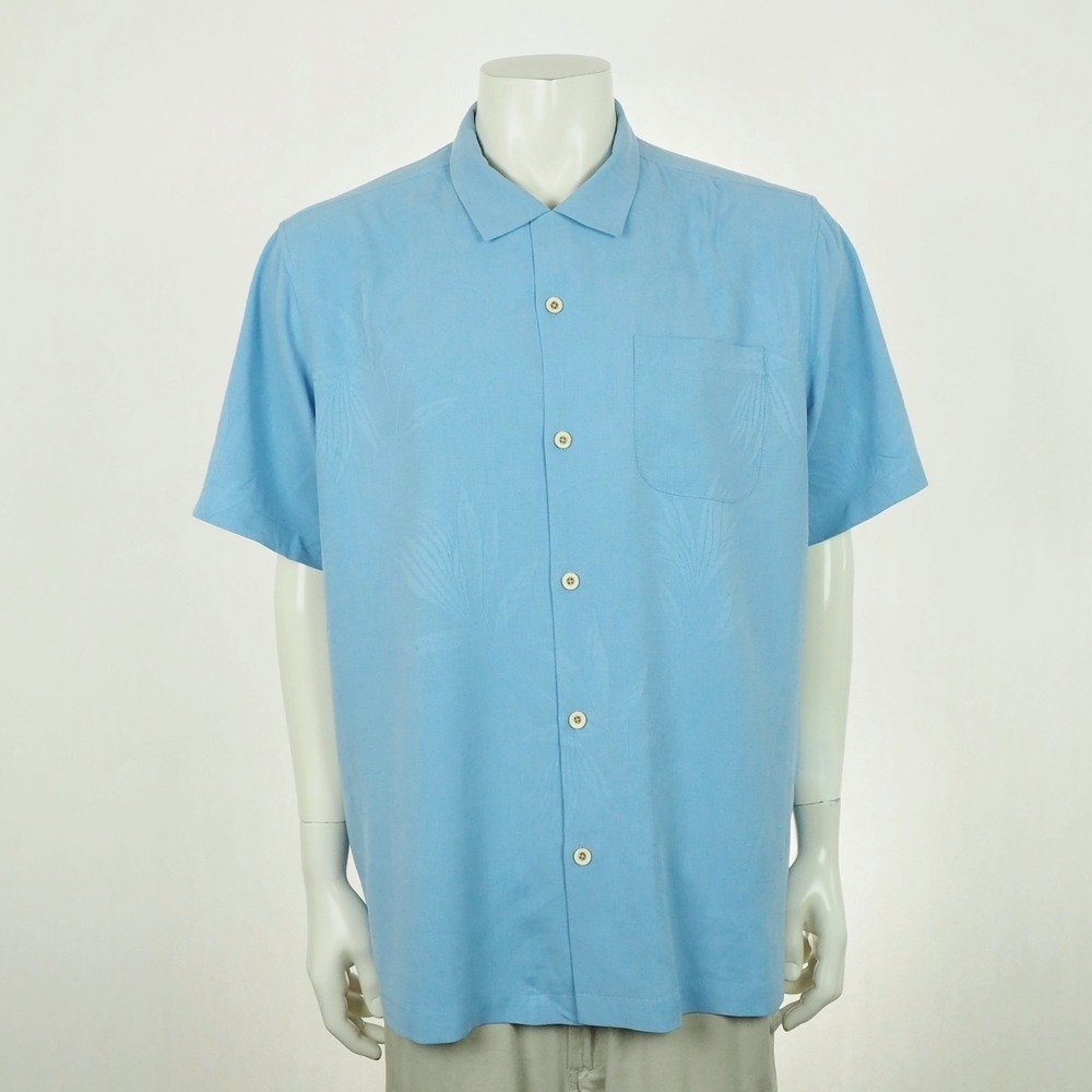 Tommy Bahama 100% Silk Hawaiian Shirt Mens Sz XL Blue Floral Jacquard Tropical